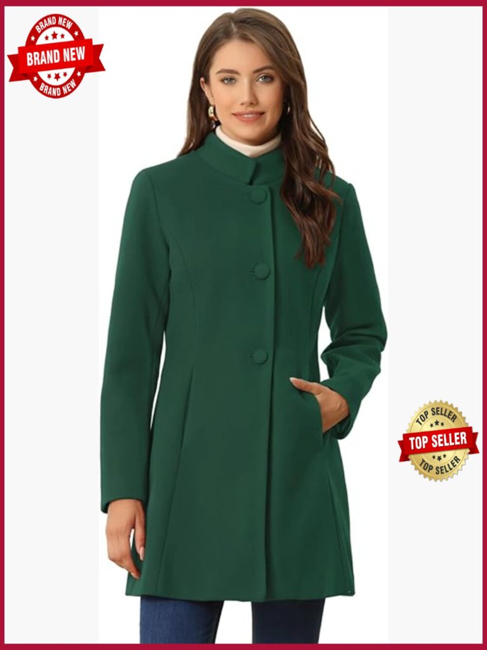 Women's Mid-Long Winter Pea Coat Stand Collar Single Breasted Overcoat